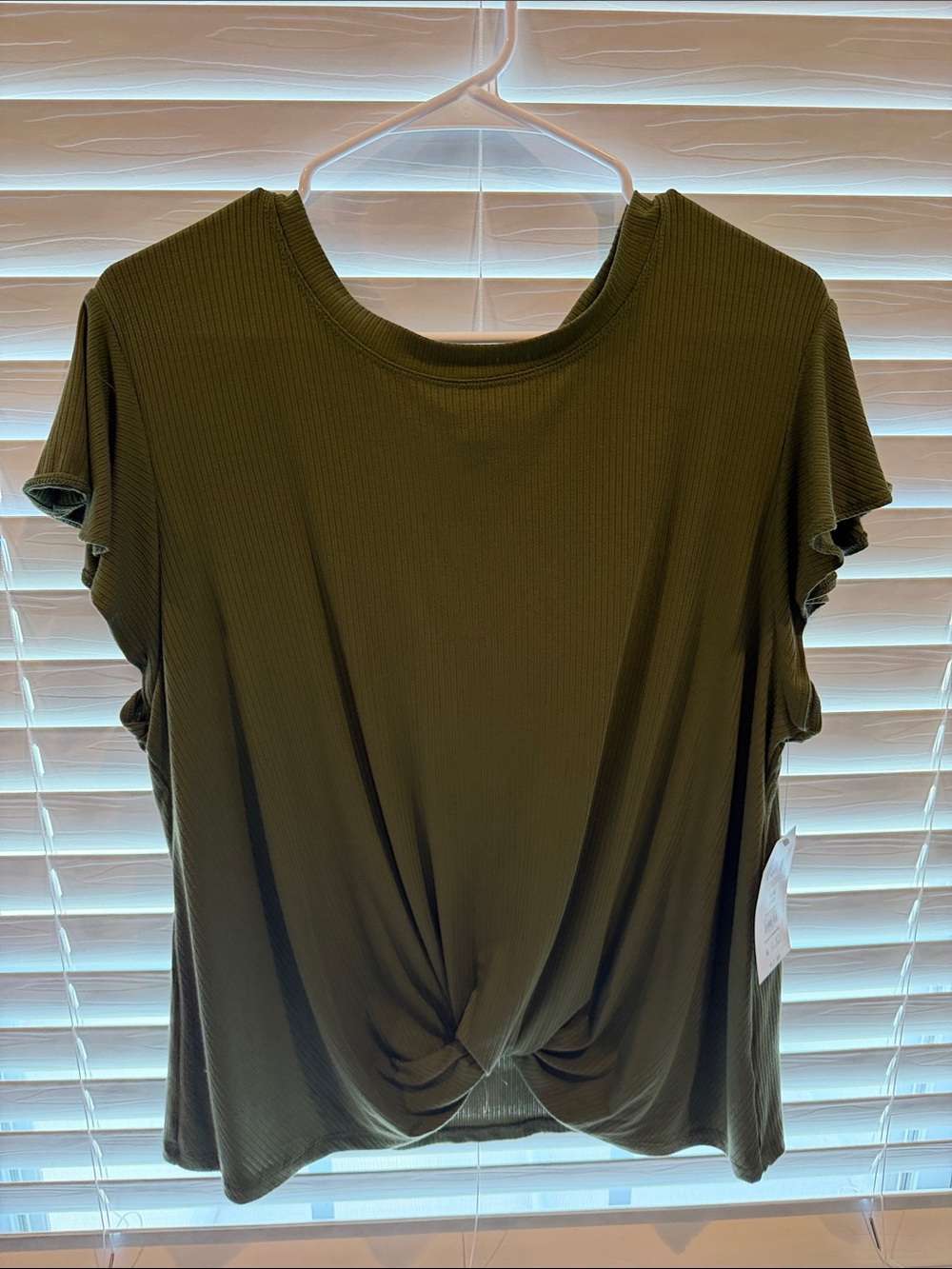 Time and Tru Olive Twist-Front Ribbed Short Sleeve Top